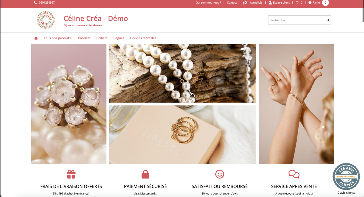 Voir la démo boutique bijoux Aperçu de la boutique de démonstration Céline Créa - vente de bijoux artisanaux en ligne