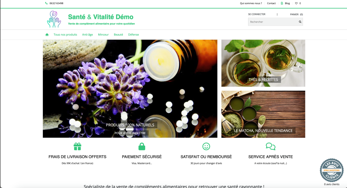 Voir la démo boutique bien-être Aperçu de la boutique de démonstration Santé Vitalité - produits bien-être en ligne